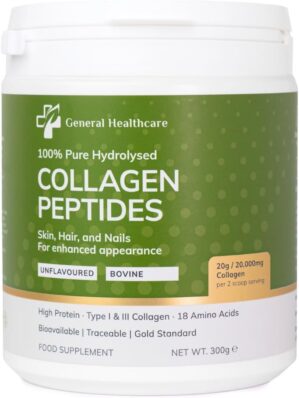 Collagen Powder Bovine Peptides, Type I & III, 100% Pure Hydrolysed Gold Standard, with 18 Amino Acids, Collagen Supplement by General Healthcare – 20g / 20,000mg Collagen (Unflavoured)(300g)
