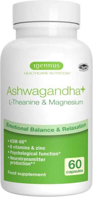 Advanced Ashwagandha KSM-66 Stress Support Complex 600mg with L-Theanine & Magnesium, B-Vitamins & Zinc, Clean Label, Root-only Extract 5% Withanolides, Vegan, 30 Servings, by Igennus