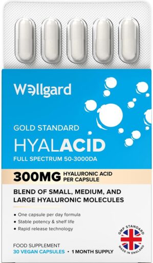 Wellgard Vegan Hyaluronic Acid Supplements, 50 to 3000 DA – Hyaluronic Acid Capsules, Made in UK