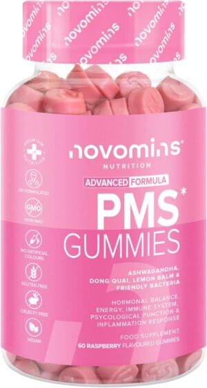 PMS Gummies – Vegan PMS Supplements for Women – with Probiotics for Women, Vitamin B6, Magnesium – Vegan – Hormone Balance for Women – 60 Gummies – Novomins