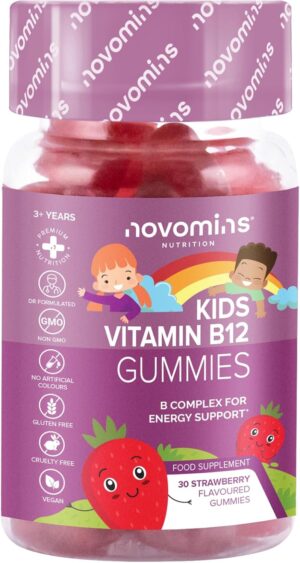Kids Vitamin B12 Gummies – Energy & Metabolism Support Supplement – 30 Chewable Childrens B Complex Supplements – Vegan – Enriched with B1, B2, B6, Biotin – Made by Novomins
