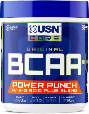USN Power Punch BCAA Amino Acids Powder, Tangerine Flavour – 400g, Vegan BCAA Powder, Vitamin B6 & No Sugar, Pre Workout or Intra Workout Energy Drink Mix & Dietary Supplement to Maximise Performance