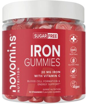 Iron Gummies with Vitamin C – Sugar Free & Vegan – Iron Supplements for Women & Men – Strawberry Flavoured Alternative to Iron Tablets – Immune System & Energy Booster – 1-Month Supply – Novomins
