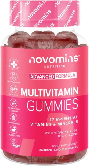 Novomins Multivitamin Gummies for Women & Men – 17 Essential Multi Vitamins – Chewable Multivitamins for Adults – Vitamin C, A, E, B2, B6, B12, Folic Acid, Zinc – Vegan & Peach Flavoured – 60 Gummies