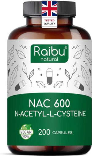 NAC Supplement – N-Acetyl-Cysteine 600 mg – 200 Vegan Capsules for More Than 6 Months’ Supply – Natural, High Strength & No Fillers – Laboratory Tested – Raibu