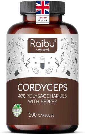 Raibu Cordyceps Capsules – 21000mg Mushroom Content per Daily Dose (10:1 Extract) – 200 Vegan Capsules – Cordyceps Supplement with Black Pepper & Vitamin C for Well-Being – No Additives & Lab Tested
