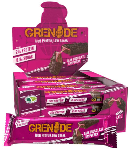 Grenade High Protein, Low Sugar Bar – Dark Chocolate Raspberry, 12 x 60 g