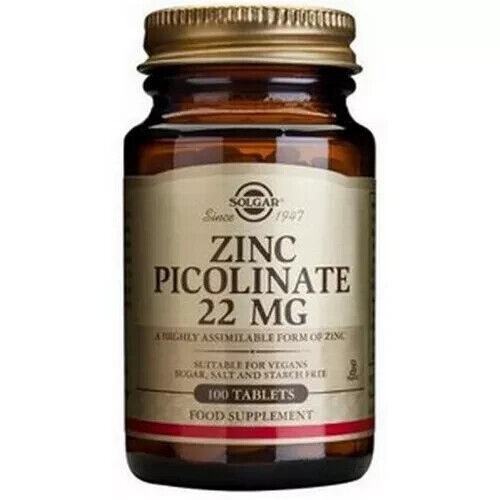 Solgar Zinc Picolinate 22 Mg Tablets – Healthy skin, hair and nails – Highly absorbable premium form, Easy to Swallow – Vegan, Pack of 1, 100 Tablets